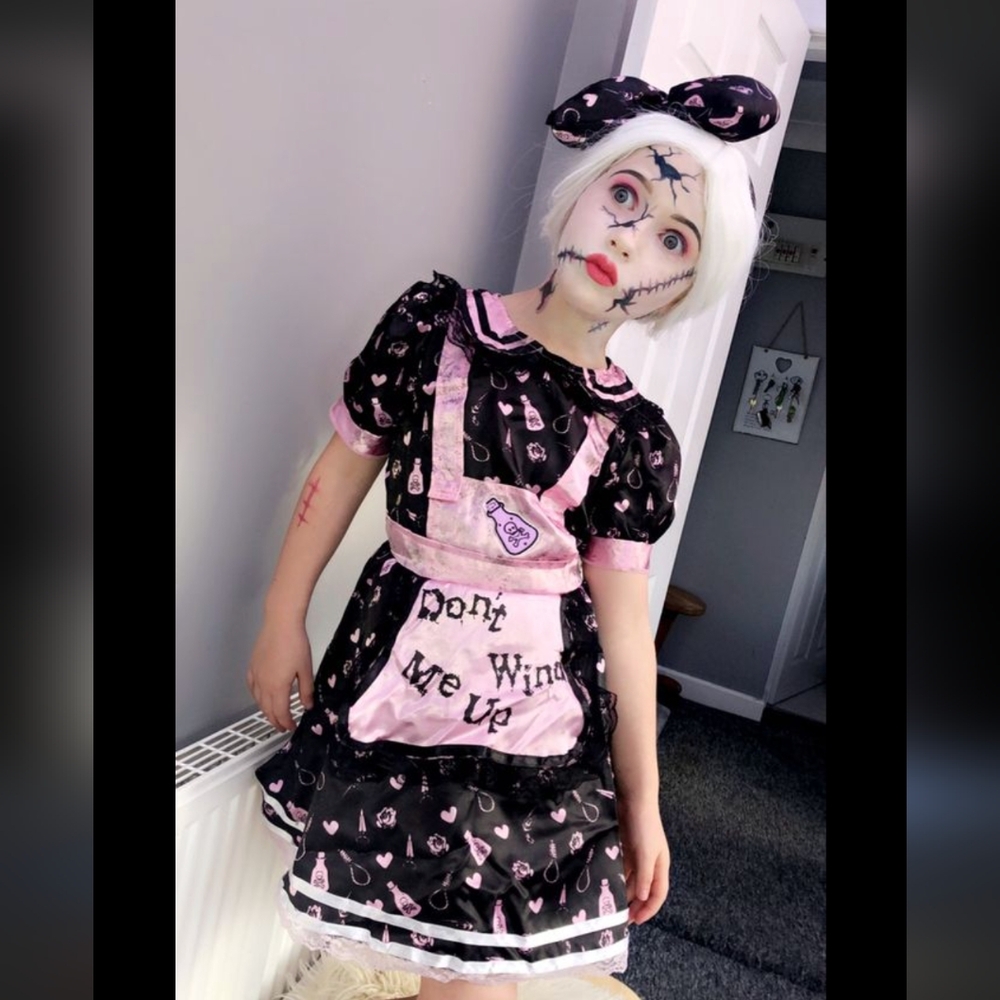 Children's Halloween Costume Wind Up Doll Dress Outfit Key Headband